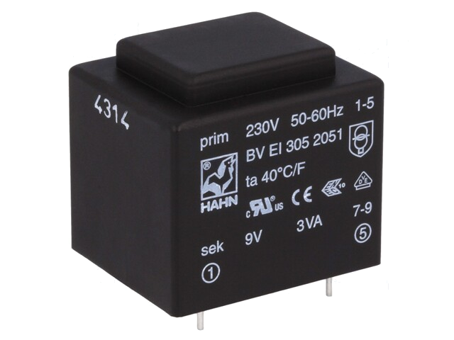 Transformator: ingegoten; 3VA; 230VAC; 9V; 334mA; PCB; BVEI Transformator: ingegoten; 3VA; 230VAC; 9V; 334mA; PCB; BVEI